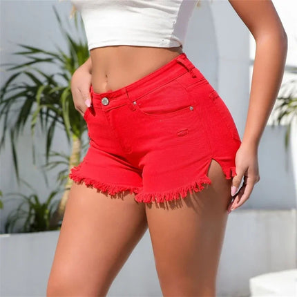 Women's Summer Split Nappa Leg Denim Shorts Vintage Ripped Hole Denim Shorts Cropped Three-Quarter Pants High Waisted Casual Mini Jeans