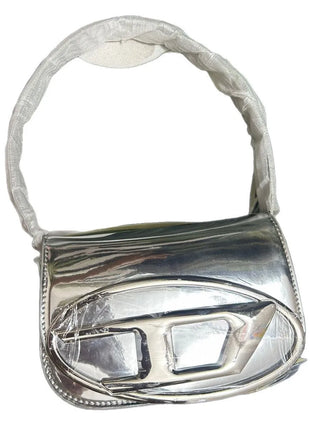 Borsa a Tracolla in Pelle PU Effetto Specchio Argento Lucido con Decorazione Ovale in Rilievo, Tracolla Staccabile, Mini Borsetta Futuristica da Donna