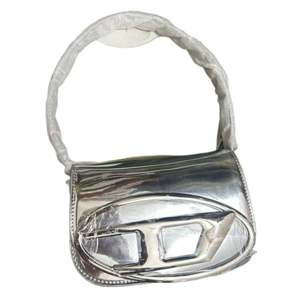 Borsa a Tracolla in Pelle PU Effetto Specchio Argento Lucido con Decorazione Ovale in Rilievo, Tracolla Staccabile, Mini Borsetta Futuristica da Donna