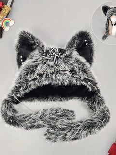 Dark Series Gothic Plush Hat Y2K Cross Metal Style Headwear Cosplay Cat Ear Hat Halloween Punk Rock Warm Cap for Women Men Child