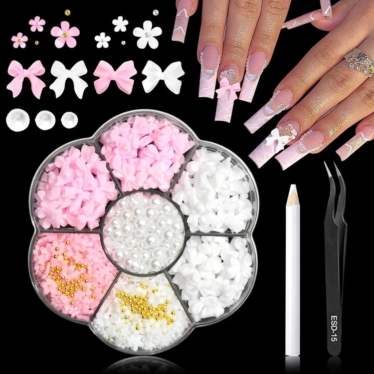 1 Box Pink White Series Bow Heart Nail Charms 3D Arcylic Nail Art Decorations Pearl 5-petal Flower Jewelry Manicure Accessories*