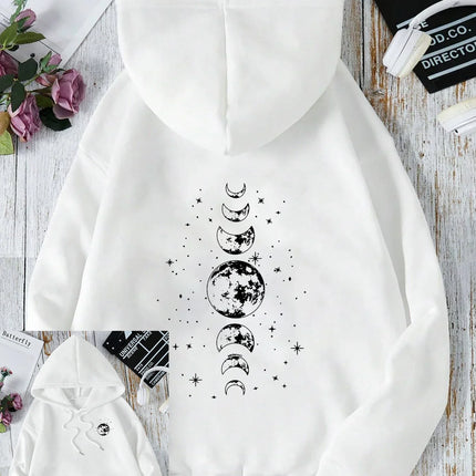 New with Different Moon Prints Front and Back Printed kangaroo pocket Hoodies Casual and Fashionable Women's Clothing