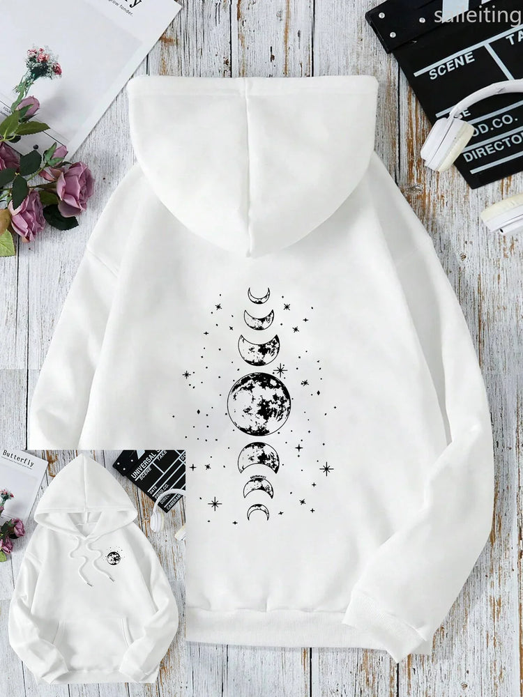 New with Different Moon Prints Front and Back Printed kangaroo pocket Hoodies Casual and Fashionable Women's Clothing