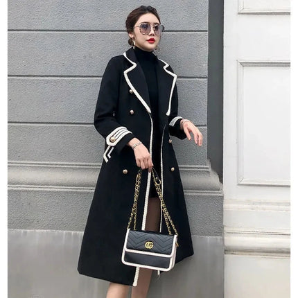 Women White Long Woolen Coat Autumn Winter British Hepburn Style Thicken Slim Double-Breasted Woolen Coat New Women Outwear