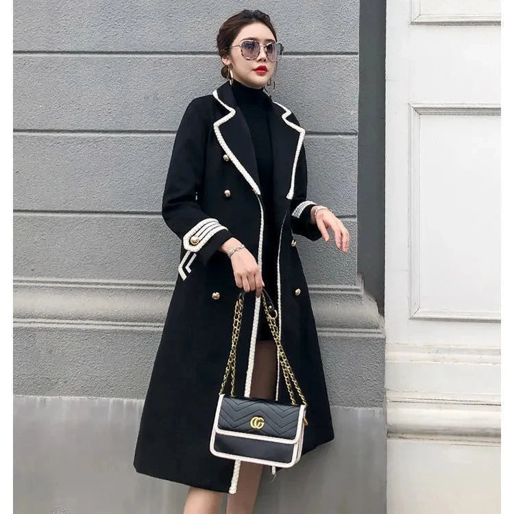 Women White Long Woolen Coat Autumn Winter British Hepburn Style Thicken Slim Double-Breasted Woolen Coat New Women Outwear
