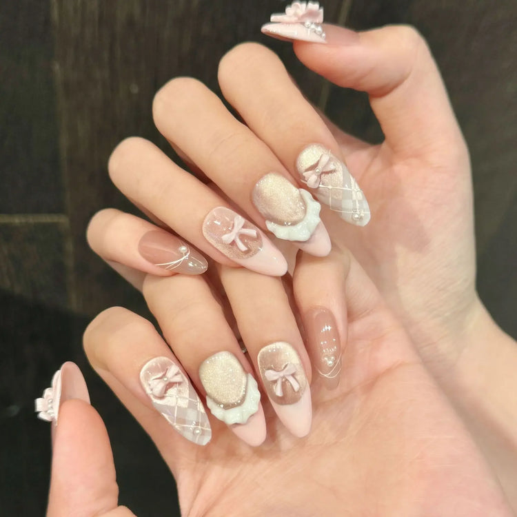 10pcs Handmade Press on Nails French Cat Eye Pink Bow Decor Korean False Nails Wearable Full Cover Ins Almond False Nail Tips 2028