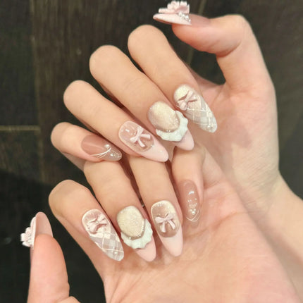 10pcs Handmade Press on Nails French Cat Eye Pink Bow Decor Korean False Nails Wearable Full Cover Ins Almond False Nail Tips 2028