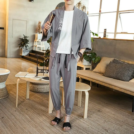 Set da due pezzi (camicia + pantaloni) camicia da uomo in cotone di lino con ricamo stile giapponese pantaloni larghi casual da uomo pantaloni Tai Chi Kungfu retrò