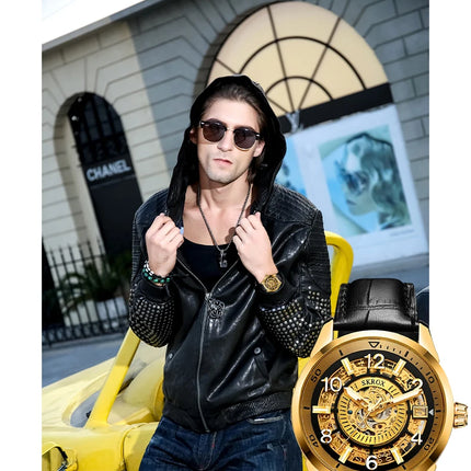 SKROX Original Gold Skeleton Automatic Movement Men's Watch Mechanical Waterproof Male Wrist Watches Leather Strap Luxury Clock