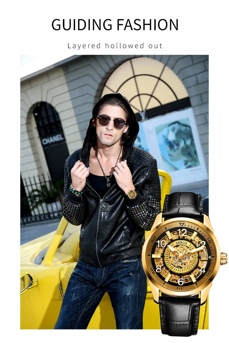 SKROX Original Gold Skeleton Automatic Movement Men's Watch Mechanical Waterproof Male Wrist Watches Leather Strap Luxury Clock