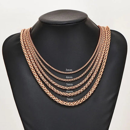 3mm/4mm/5mm/6mm/7mm Rose Gold Color Stainless Steel Wheat Braided Necklace Link Classic Curb Chain for Men Women Jewelry PlatiNum