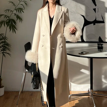 Autumn Winter Korean High-end Real Fox Fur Sleeves Women Black Slim Fit Waist Cinched Double-sided Wool Coat Long Woolen Coat