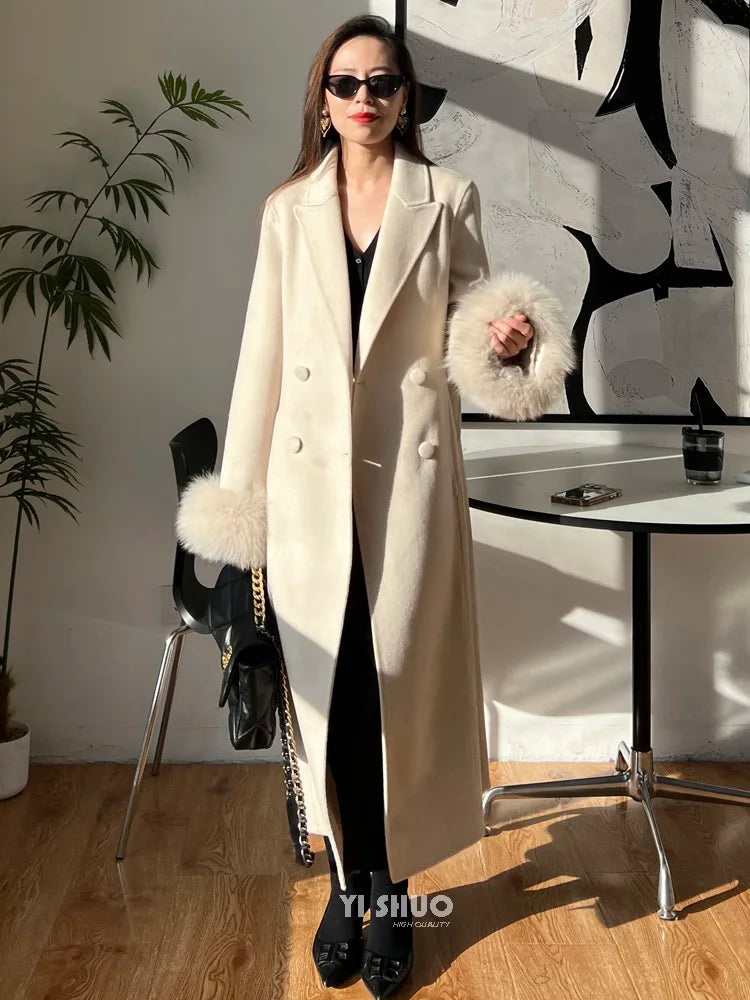 Autumn Winter Korean High-end Real Fox Fur Sleeves Women Black Slim Fit Waist Cinched Double-sided Wool Coat Long Woolen Coat