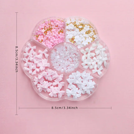 1box 3D Flower Bow Nail Art Decorations Kit Pink/White Acrylic Floral/Peal Beads Nail Charm with Wax Pen/Tweezer 4/6mm Nail Part Nail