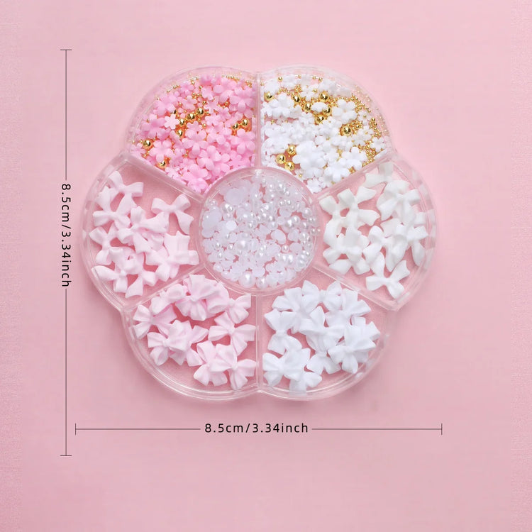 1box 3D Flower Bow Nail Art Decorations Kit Pink/White Acrylic Floral/Peal Beads Nail Charm with Wax Pen/Tweezer 4/6mm Nail Part Nail