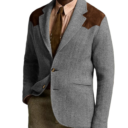 Herringbone Tweed Men's Blazer Jacket Wool Blend Suede Patch Shoulder Men's Sport Coat Business Casual Slim Fit For Oktoberfest