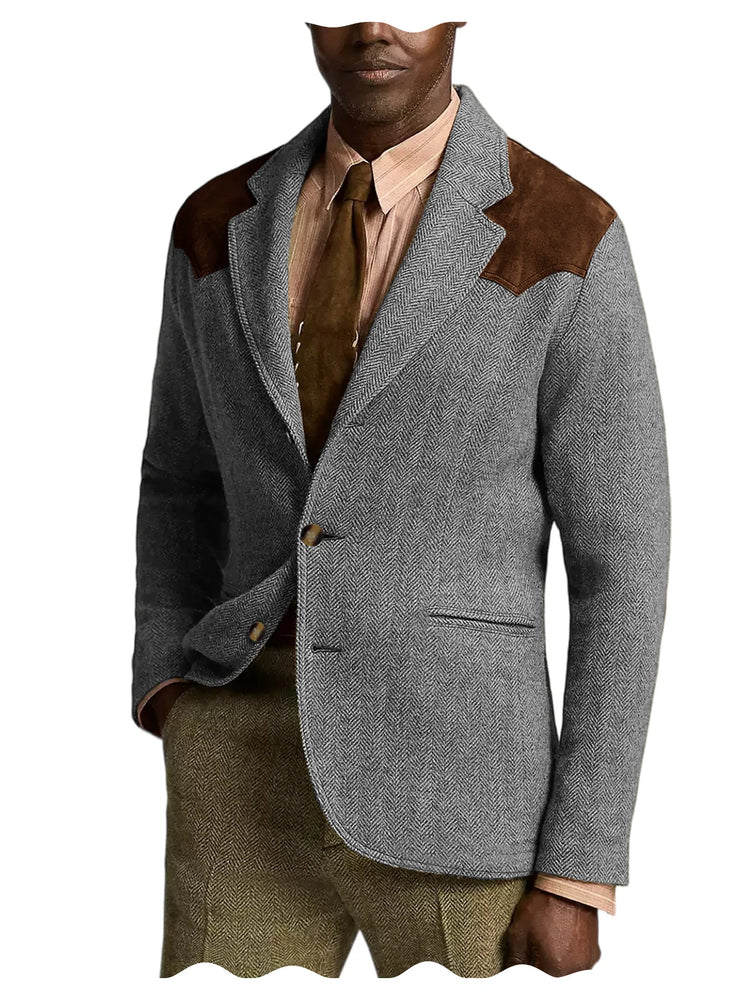 Herringbone Tweed Men's Blazer Jacket Wool Blend Suede Patch Shoulder Men's Sport Coat Business Casual Slim Fit For Oktoberfest