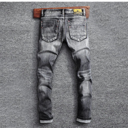Italian Style Fashion Men Jeans Retro Gray Elastic Slim Fit Ripped Jeans Men Trousers Vintage Designer Casual Denim Pants Hombre PlatiNum