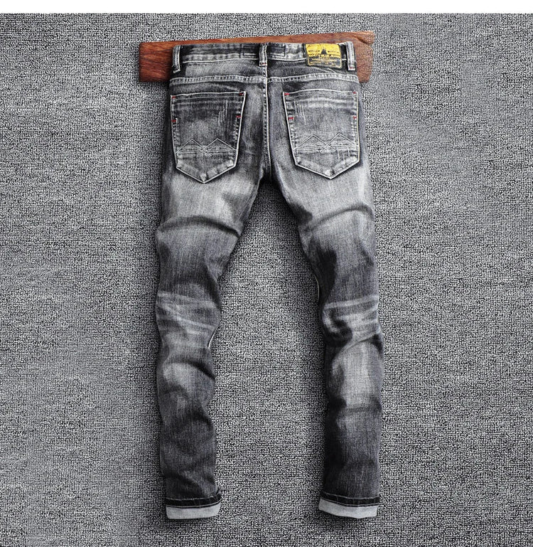 Italian Style Fashion Men Jeans Retro Gray Elastic Slim Fit Ripped Jeans Men Trousers Vintage Designer Casual Denim Pants Hombre PlatiNum