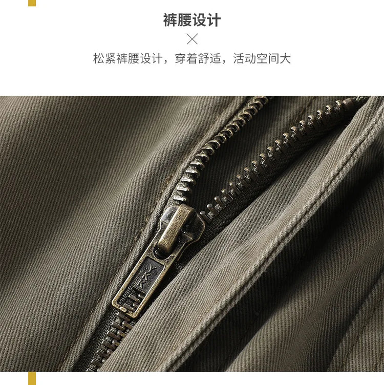 American Style Men's Heavyweight Cotton Cargo Pants Multi-Pocket Casual Loose Straight-Leg Work Trousers Outdoor Jogger Pants