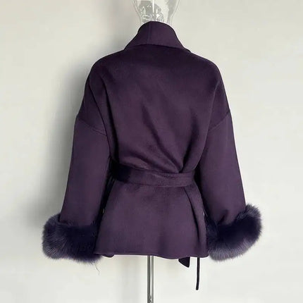 UCXQ Elegant Woolen Coat Temperament Office Lady Overcoats Fur Patchwork Long Sleeve Beautiful Women's Coats 2025 Winter New