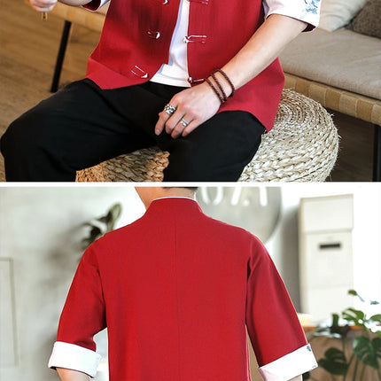 Nuovo gru ricamo top abbigliamento tradizionale cinese per uomo camicie vintage in lino a mezza manica colletto Madarin solido Hanfu Kungfu