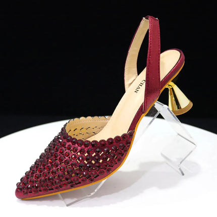 Venus Chan Pointed Toe Heels for Women 2023 Elegant Party Wine Color Full Diamond Pumps Italian Shoes and Bags Matching Set PlatiNum