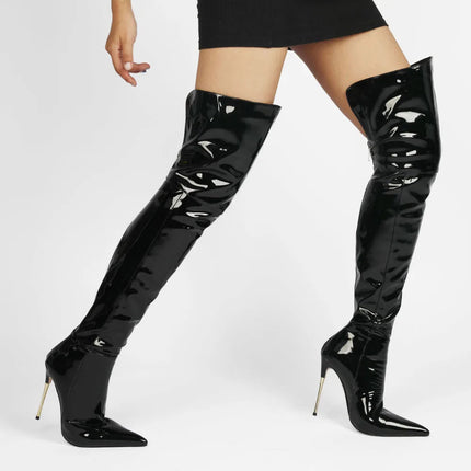 New Sexy Fashion Patent Leather Women Over Knee Boots Black White Long Boots Ladies Pointed Toe Classic High Heels Shoes Large PlatiNum