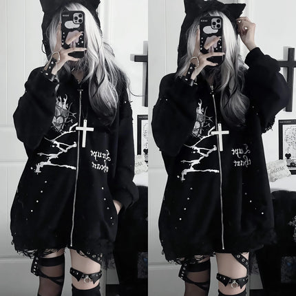 Original Print Subculture Dark Loose Cat Ear Distressed Hooded Sweatshirt Jacket Zip Up Hoodie Oversized Hoodie