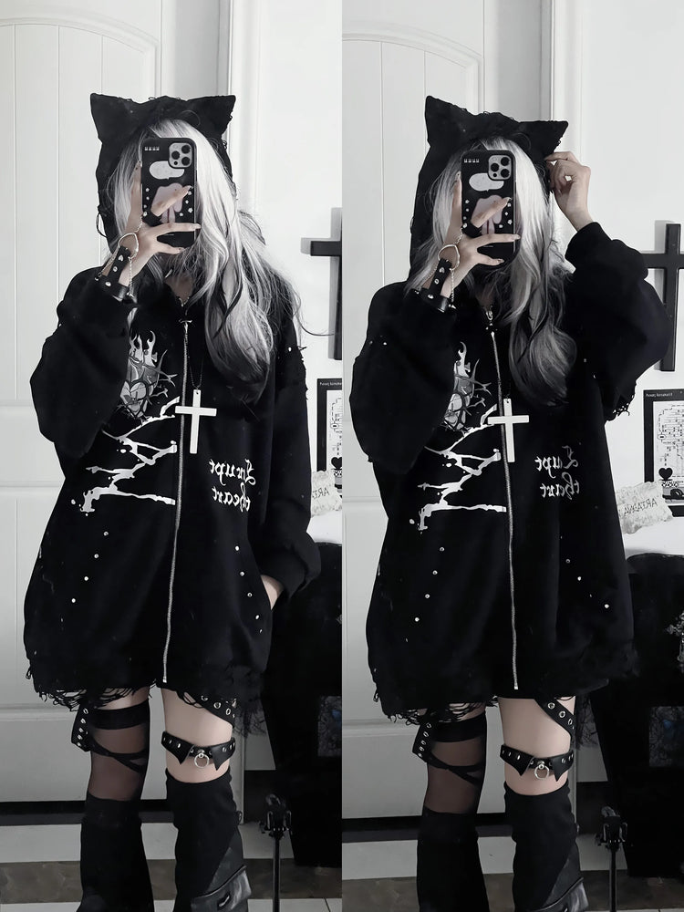 Original Print Subculture Dark Loose Cat Ear Distressed Hooded Sweatshirt Jacket Zip Up Hoodie Oversized Hoodie