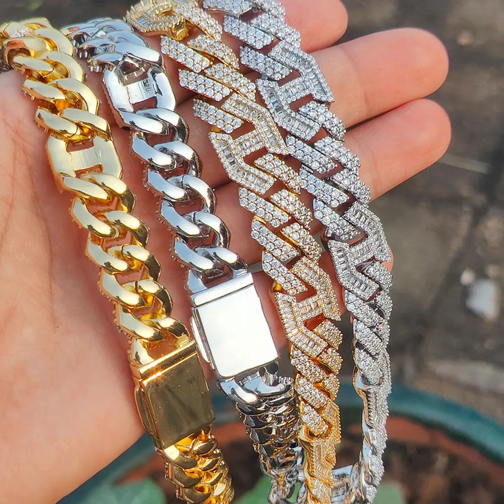 Hip Hop 15mm Iced Out catena a maglia cubana Shiny CZ Stone Pink collana cubana con naso di maiale placcato a due colori per donna uomo