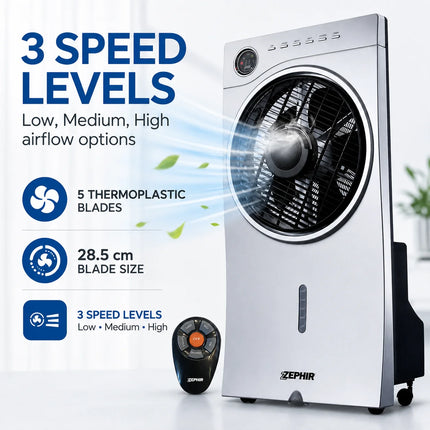 Ventilatore Evaporativo ZEPHIR 90W con Nebulizzatore, Serbatoio da 2,5L, 3 Velocità, Telecomando, Raffrescatore d'Aria
