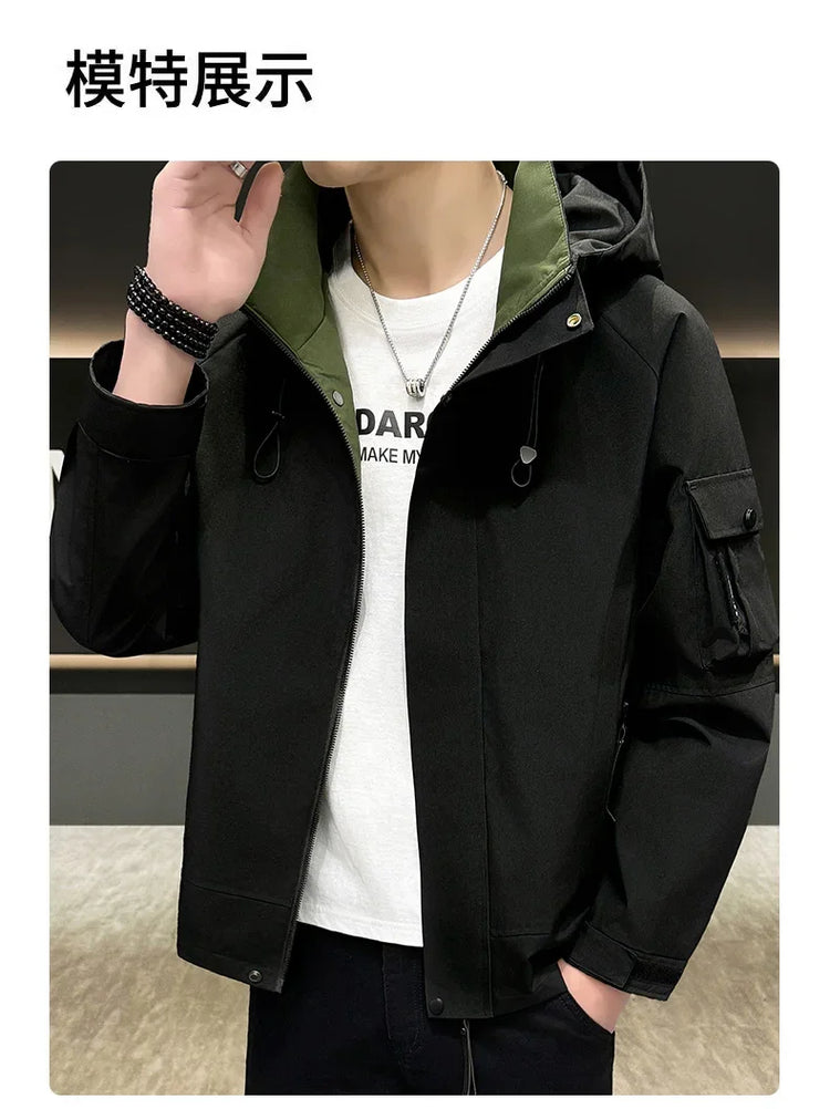 New Men's Fashion Casual Jackets Hooded Solid Zipper Pockets Camping Jackets Spring Autumn Brand Male Outdoor Sport Windbreaker