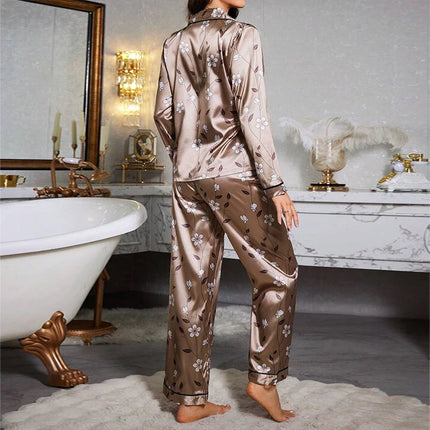 Pigiama da donna con stampa floreale color block, maniche lunghe e pantaloni in raso per un sonno confortevole, morbido pigiama e pigiama da notte