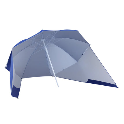 Outsunny Beach Umbrella Ø2.1x2.2 m with Side Flap, Carry Bag and Stakes, Garden Umbrella with 8 Ribs and 2-Section Metal and Polyester Design, UV50+, Blue