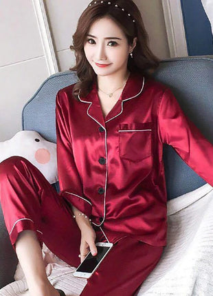 Pigiama da donna in raso di lusso Pj Set Colletto rovesciato Bottoni Top e pantaloni Indumenti da notte e pigiama per abiti estivi per la casa