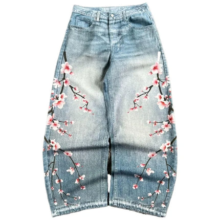 Jeans Oversize Y2K con Stampa Geometrica e Fiori di Ciliegio, Stile Harajuku, Pantaloni Larghi Casual da Donna