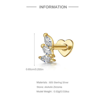 CANNER 1PC 925 Sterling Silver Crown Horse Eye Zircon Heart Flat Head Cartilage Piercing Stud Earring For Women Claasic Earring PlatiNum