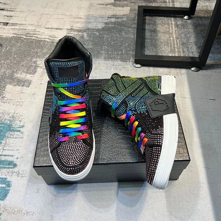 Luxury Designer's Autumn Winter New Men's Sneakers Water Diamond High Top Men's Running Shoes Fashion Leather Casual Short Boots