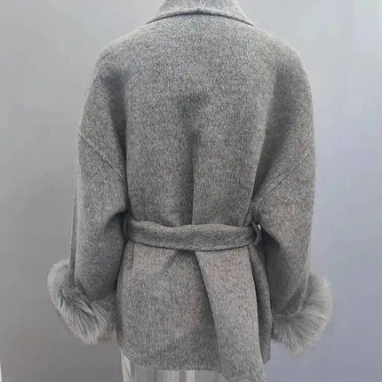 UCXQ Elegant Woolen Coat Temperament Office Lady Overcoats Fur Patchwork Long Sleeve Beautiful Women's Coats 2025 Winter New