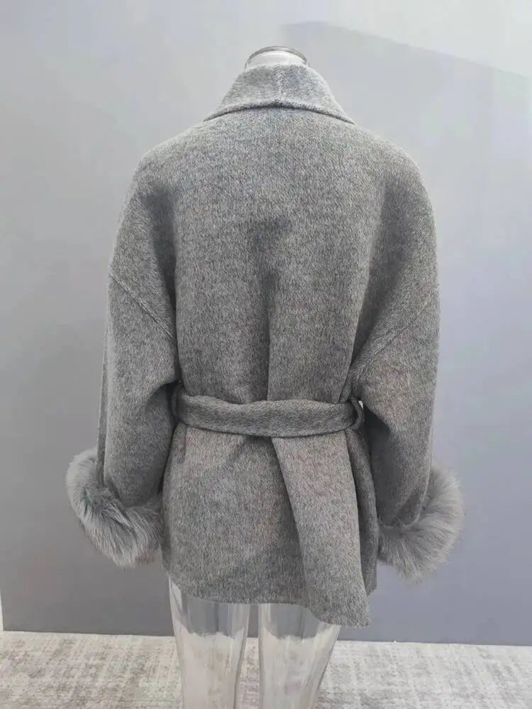 UCXQ Elegant Woolen Coat Temperament Office Lady Overcoats Fur Patchwork Long Sleeve Beautiful Women's Coats 2025 Winter New
