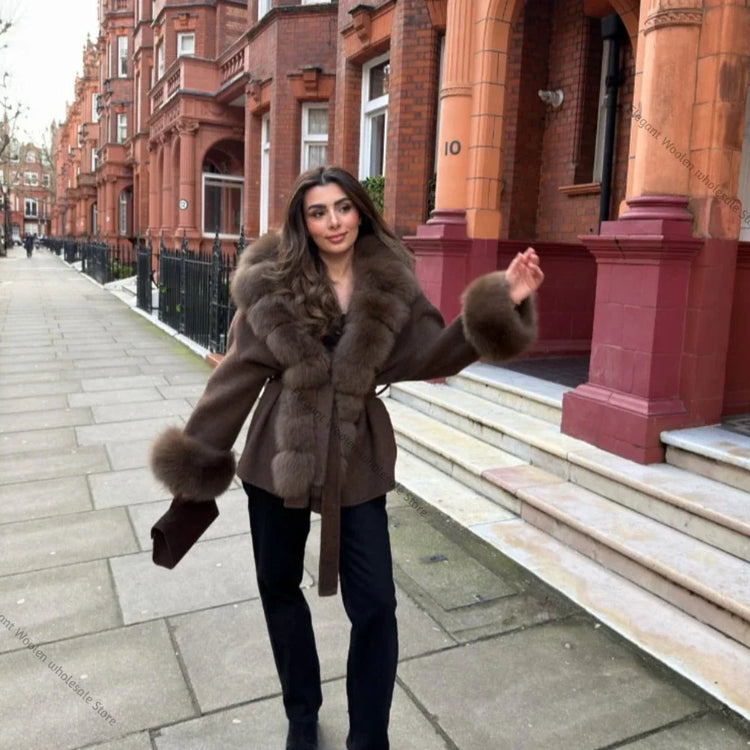 Real Fur Wool Jacket Fashion Reality Fur Jacket Women Natural Fox Fur Cuffs Winter Clothing Female Elegant with Belt Woolen Coat