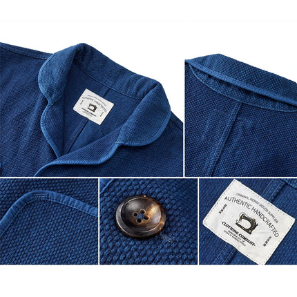Vintage Handmade Indigo Jacket Men Spring Autumn New Lapel Multi-pocket Plant Blue Dyed Long Sleeve Jacket Casual Cardigan Coat