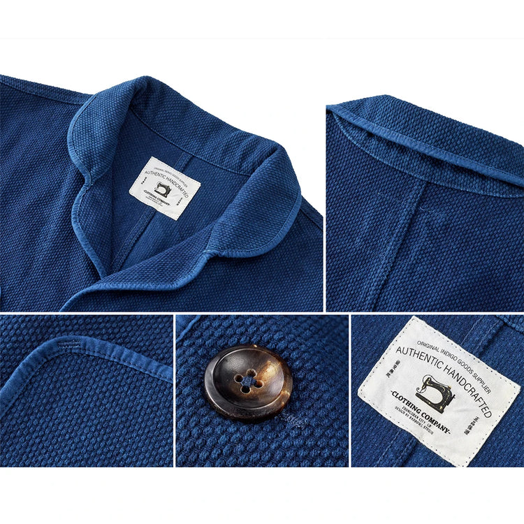 Vintage Handmade Indigo Jacket Men Spring Autumn New Lapel Multi-pocket Plant Blue Dyed Long Sleeve Jacket Casual Cardigan Coat