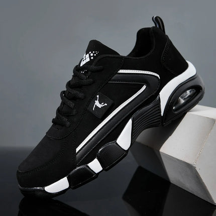 Scarpe sportive casual da uomo ZERJER con cuscino d'aria, tomaia in mesh traspirante e PU, design con motivo geometrico, chiusura con lacci, nero e bianco