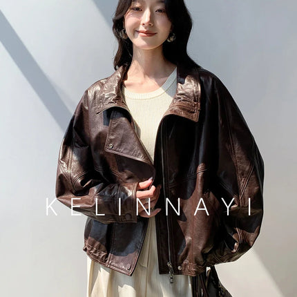 Waxed Sheepskin Genuine Leather Moto Biker Jacket Women Cropped Stand Collar Zip Up Snap Button Loose Casual Autumn Outwear 2026