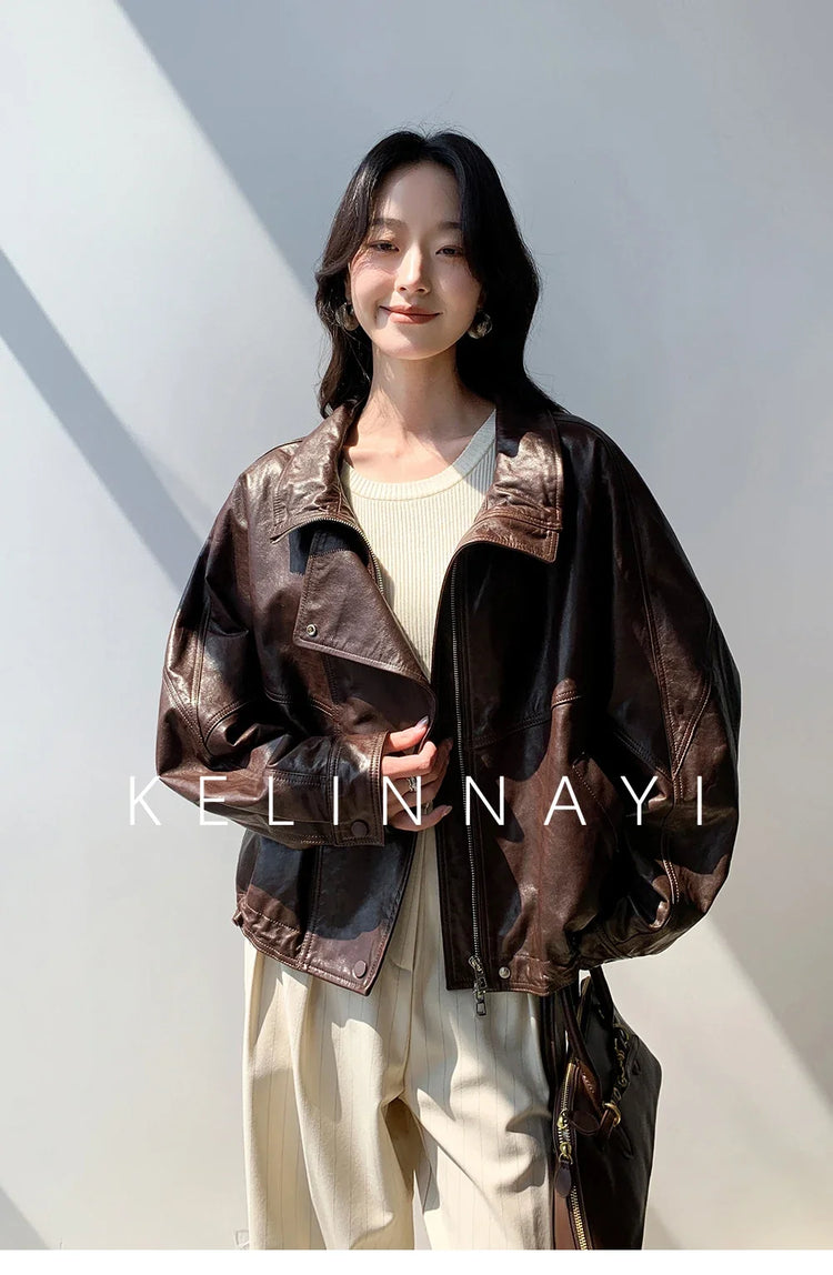 Waxed Sheepskin Genuine Leather Moto Biker Jacket Women Cropped Stand Collar Zip Up Snap Button Loose Casual Autumn Outwear 2026