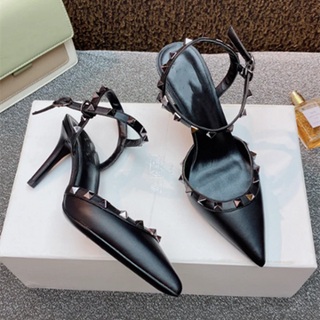 Lady autentici sandali in pelle cinturino con fibbia tacchi alti sottili scarpe alla moda Lock Gold Studs Dress Pumps 33-41 25cm White Blac