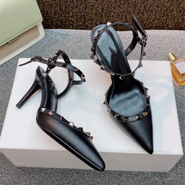 Women's Authentic Leather Strap Buckle High Thin Heels Fashion Shoes Lock Gold Studs Dress Pumps 33-41 25cm White Black