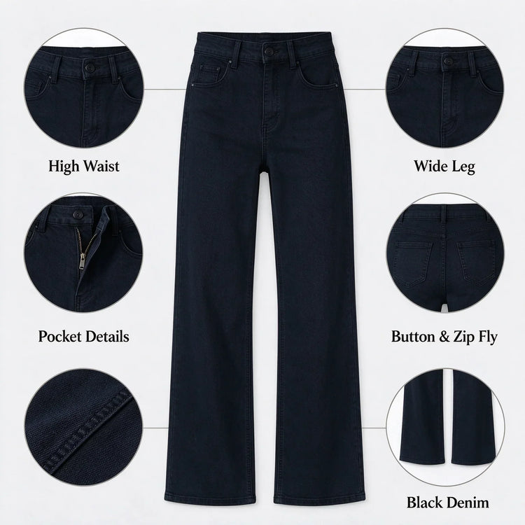 Women's Black Wide Leg Jeans, High Waist, Stretch Denim, Comfortable Loose Fit, Belt and Scarf Details, Modern Casual Style, Fashion Trousers for All Seasons, Sizes Xs-Xl，Fx1338-7